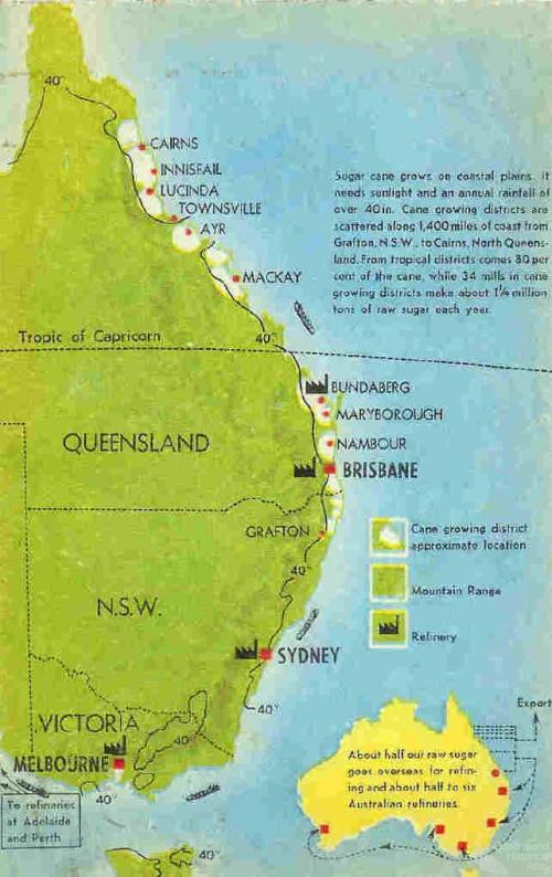 Australian sugar growing and refining sites, c1950