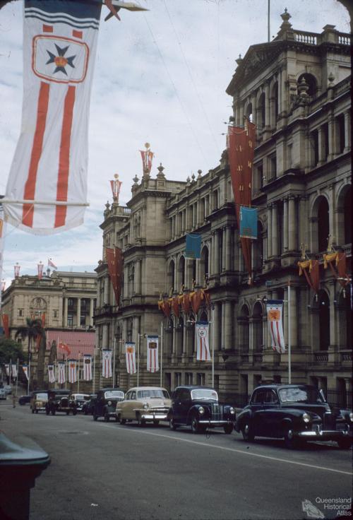 Decorations for the Queen's visit, Treasury Building, Brisbane, 1954