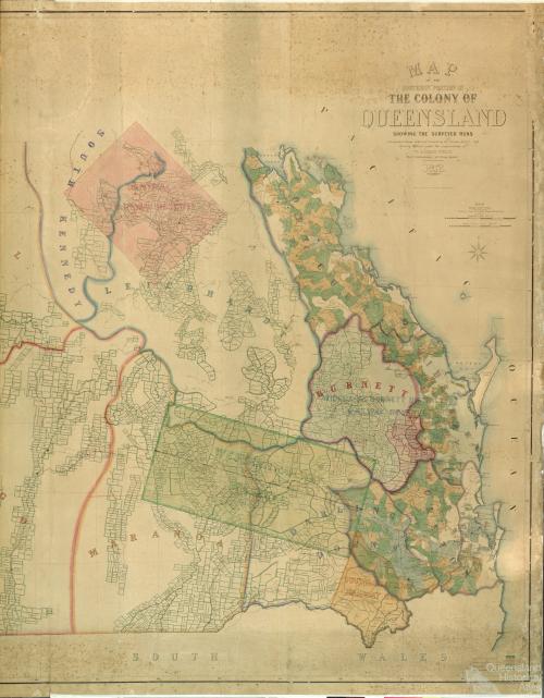 Map of the southern portion of the colony of Queensland showing the surveyed runs, 1872