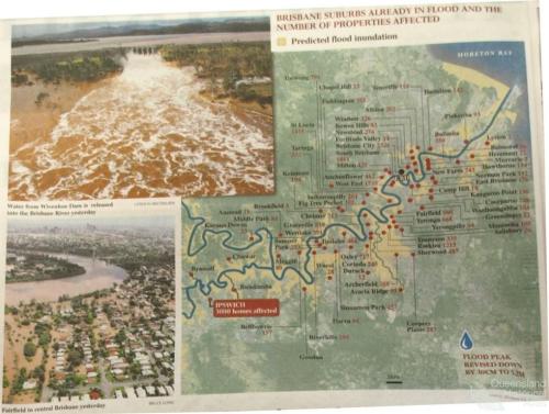 Brisbane suburbs already in flood and the number of properties already affected, 2011