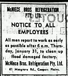 Advertisements to employees after Brisbane flood, 1974