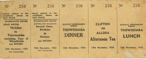 Railway excursion tickets, Toowoomba and Clifton, 1953