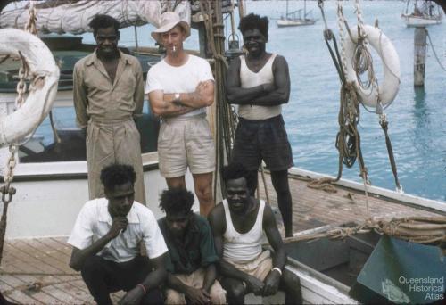 Pearling lugger with skipper and crew, Thursday Island, 1958