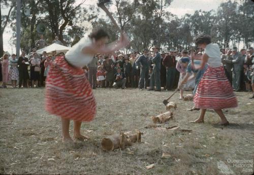 Women's woodchop, Goombungee show, c1960