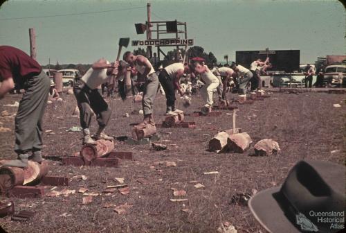 Men's woodchop, Goombungee show, c1960