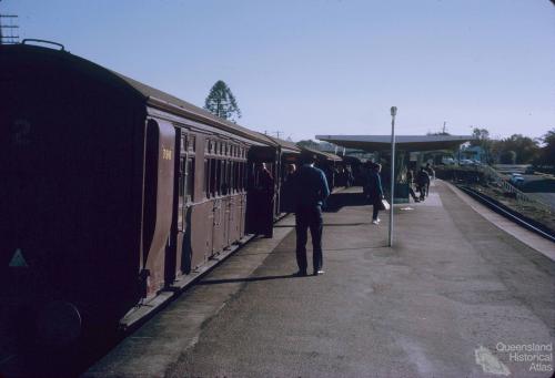 Suburban train with diesel engine and wooden carriages, Chelmer Station, 1972