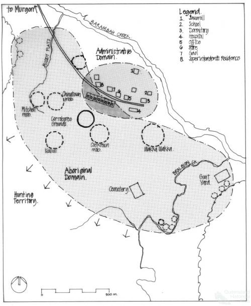 Barambah Aboriginal Settlement in the 1920s showing the areas of Bralbin Creek and also Muddy Flats, 2001