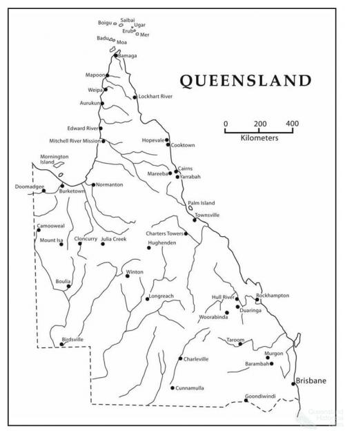 Map of Queensland indicating Aboriginal ration depots, compounds, missions and government settlements, 1890s-1940s, 2003