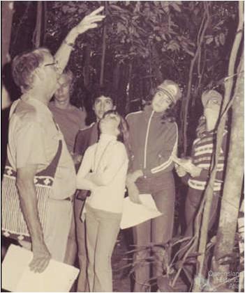 Len Webb and students at the opening of the Tully State High School Rainforest Reserve, 1982