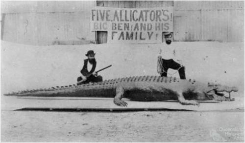 Two hunters posing with a dead crocodile, North Queensland, c1872 