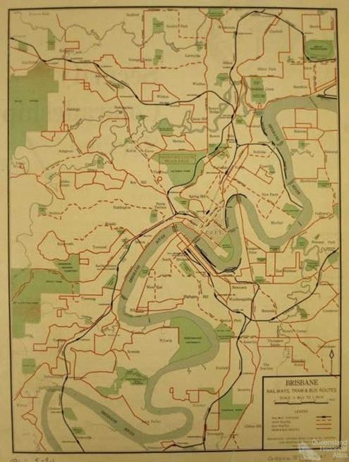 Brisbane, railways, tram and bus routes, 1947