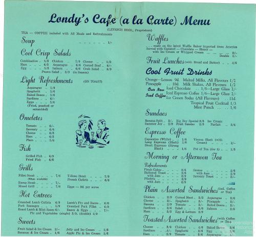 Menu Londy’s café, 1962