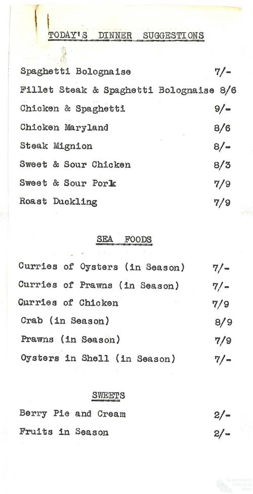 Specials menu, Londys cafe, 1962