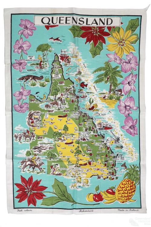 Tea-towel: Map of Queensland, c1960     