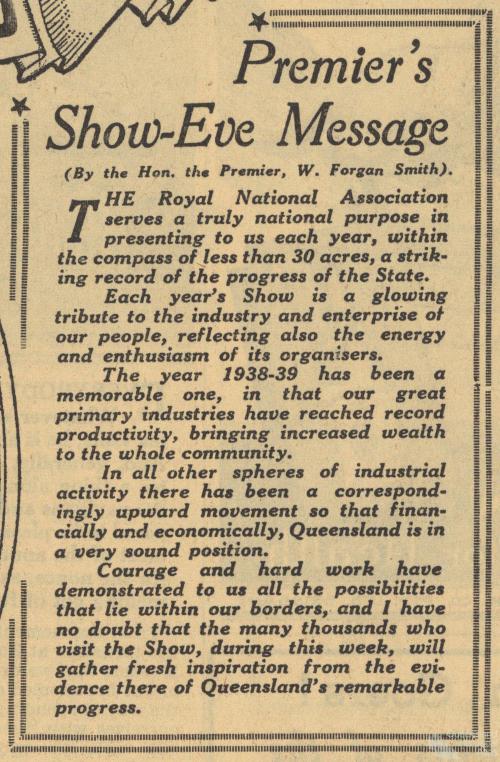 Premier Forgan Smith’s show-eve message, 1939