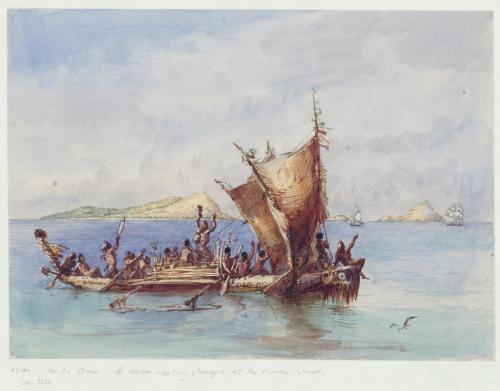 Pacific Ocean, a native canoe meeting strangers off the Murray Islands, 1845