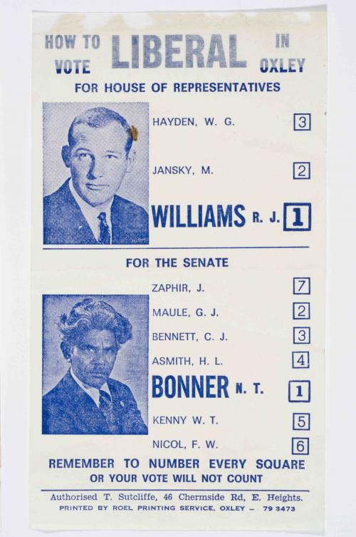 Neville Bonner election card, 1972