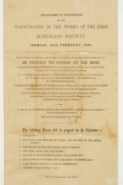 Programme for the inauguration of the Queensland railway, 1864