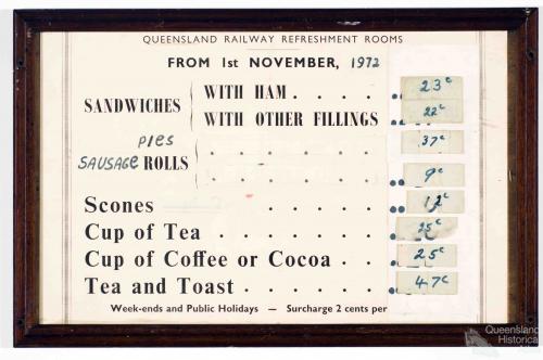 Queensland Railway Refreshment Rooms price list, 1972