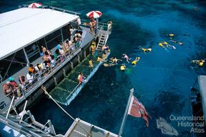 Tourists diving from a pontoon on the Outer Barrier Reef, 1991 