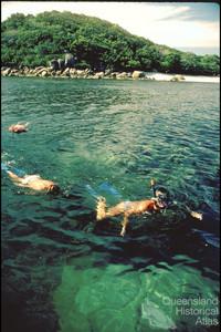 Snorkellers explore corals at Tween Island, 1983