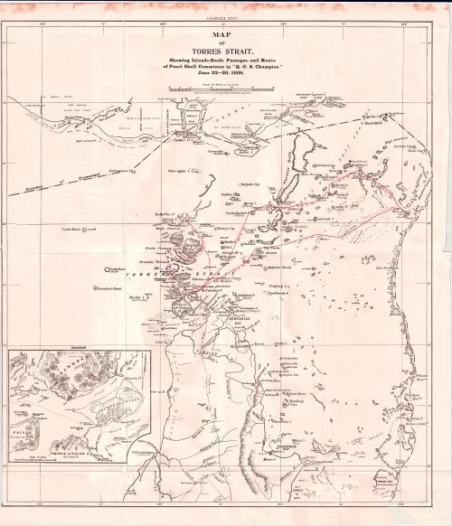 Map of Torres Strait, showing route of pearl shell commission, 1908