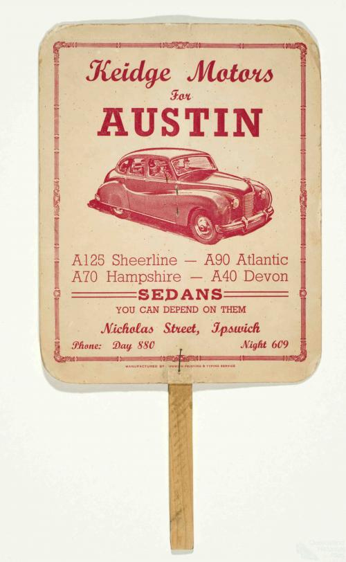 Advertising fan for Austin cars, c1950