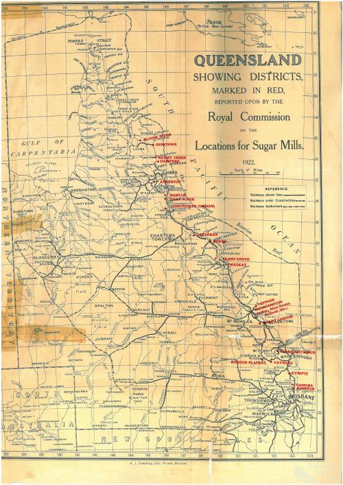 Proposed Queensland sugar mill locations, 1923