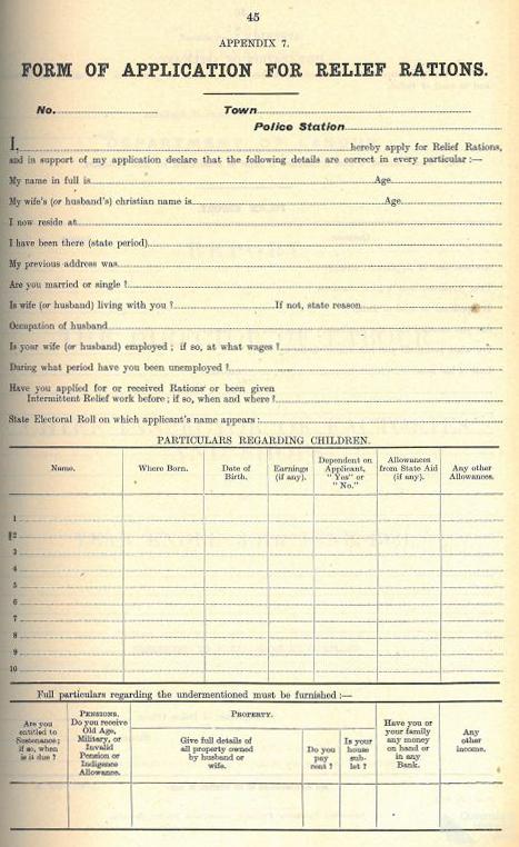 Application for relief rations, Queensland, 1931