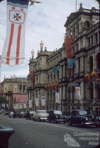 Decorations for the Queen's visit, Treasury Building, Brisbane, 1954