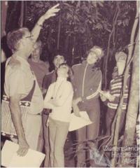 Len Webb and students at the opening of the Tully State High School Rainforest Reserve, 1982