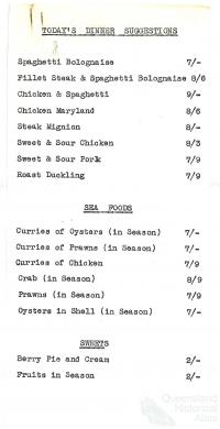 Specials menu, Londys cafe, 1962