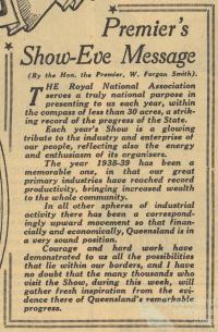 Premier Forgan Smith’s show-eve message, 1939