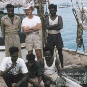 Pearling lugger with skipper and crew, Thursday Island, 1958