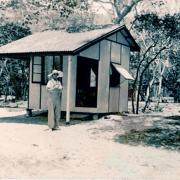 Elizabeth Coombs outside cabin on Hayman Island, 1938