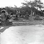 A group of tourists turtle riding at Heron Island, 1938