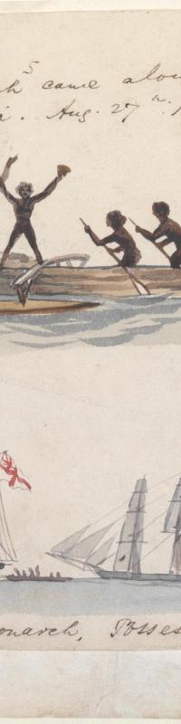 Native canoe and Possession Island, 1855 