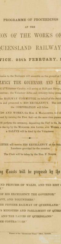 Programme for the inauguration of the Queensland railway, 1864